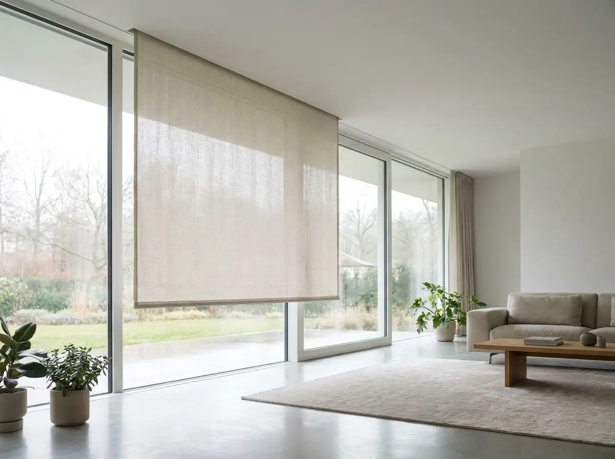 Blind fabric dropping from a slim concealed ceiling recess above a full-height glass wall in a minimalist Hazelwood living space