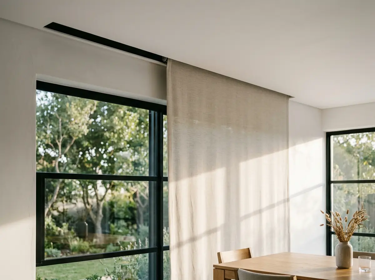 Close-up of a concealed ceiling recess with blind fabric emerging, headrail fully hidden from view