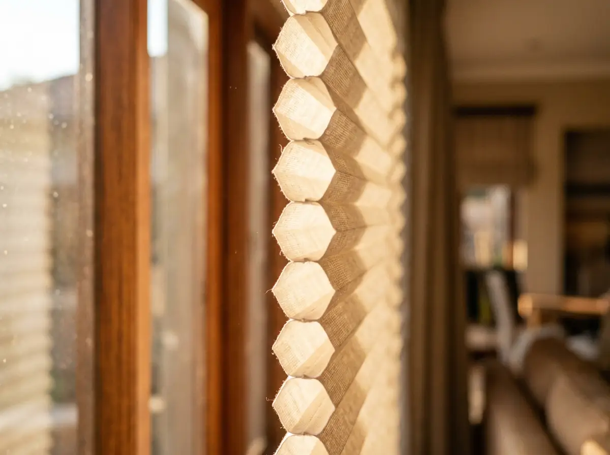 Close-up of a cellular honeycomb blind's pleated fabric, cross-section catching soft window light