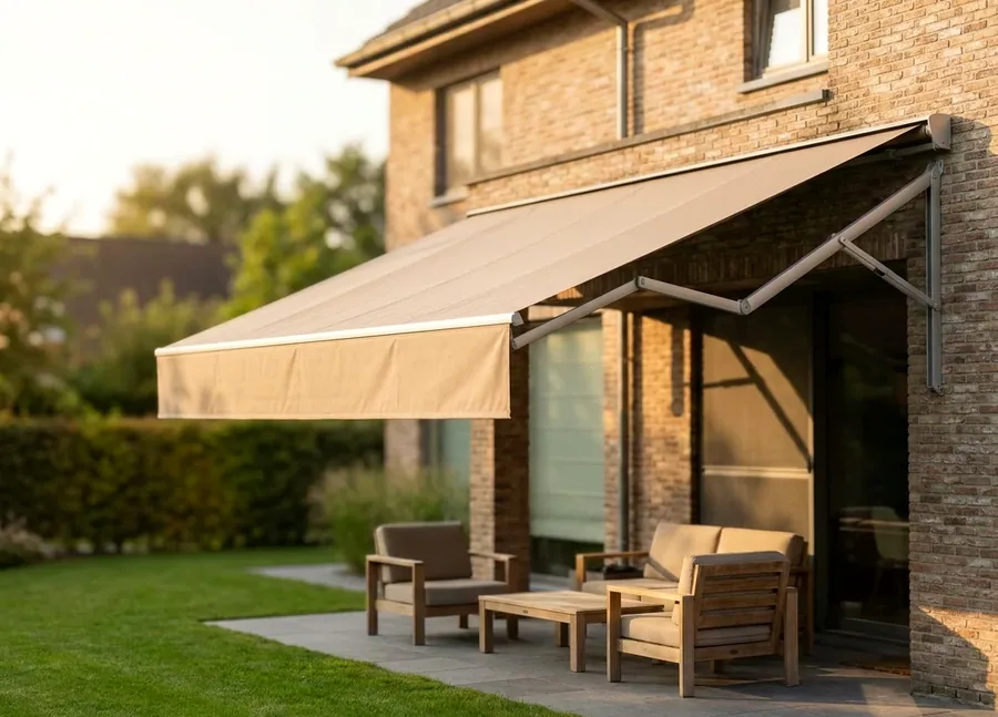 Folding-arm awning extended over a patio, fabric canopy carried on jointed arms