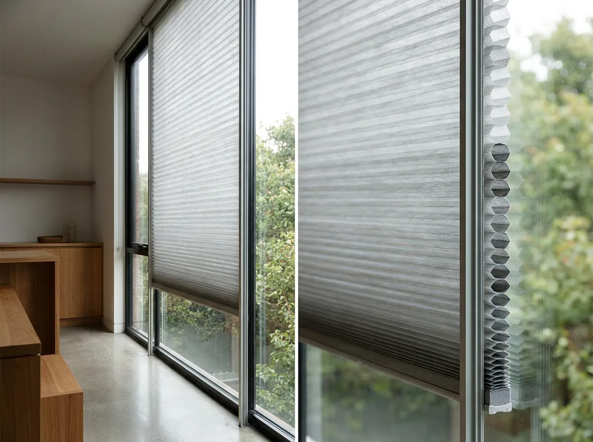 A cellular honeycomb blind inside a tall floor-to-ceiling Hazelwood apartment window, the hexagonal air-cells visible in cross-section at the side edge, greenery blurred beyond the glass