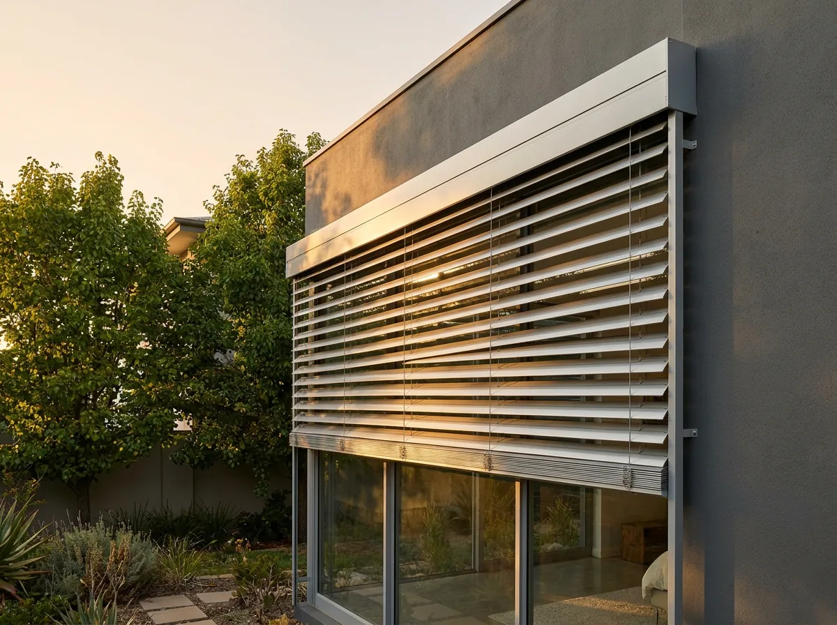 An external aluminium venetian blind mounted outside a large west-facing window on a clean-lined modern Hazelwood home, wide louvres tilted against a low golden afternoon sun