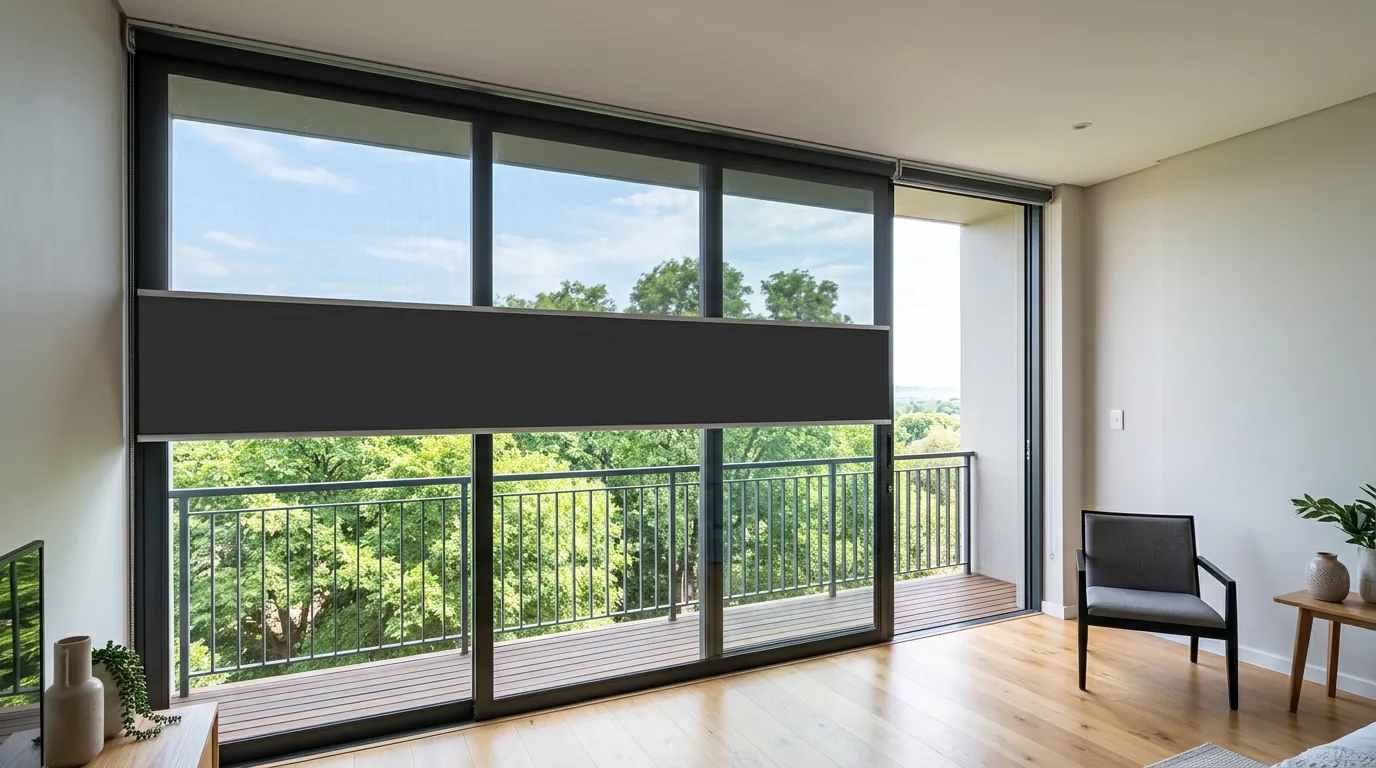 An upper-floor Hazelwood apartment's floor-to-ceiling glass fitted with a flat sunscreen roller blind half lowered, the crowns of tall established trees just below the balcony and open Highveld sky beyond