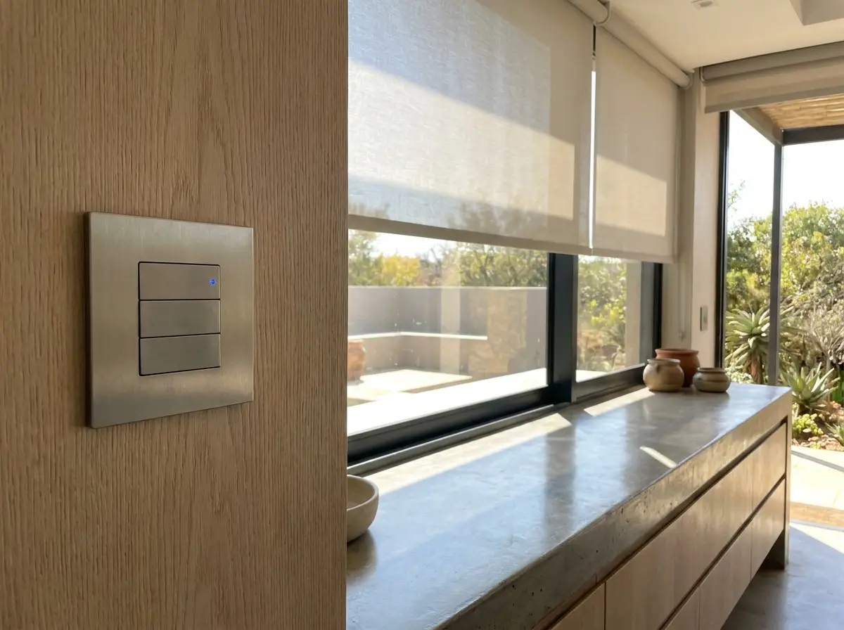 Wall-mounted control panel for a motorised blind system beside a Hazelwood kitchen window
