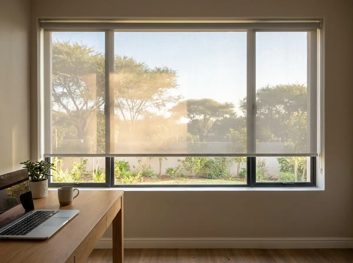 Sunscreen roller blind fabric weave close-up, half-drawn over a Hazelwood home-office window