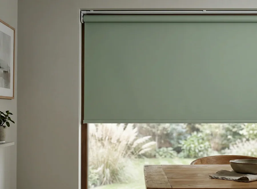 A blockout roller blind drawn down over a garden window — one smooth panel of fabric on its tube