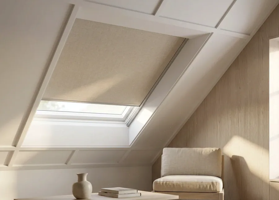 Fitted blind on an angled skylight in a Hazelwood loft room